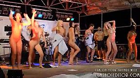 Blonde big tits amateurs rip clothes and party naked stripping on beach stage!