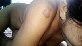 he licks her shaved pussy then she sucks his precum cock