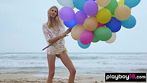 Wow, watch skinny italian blonde milf farncy torino undress with balloons on beach!