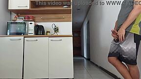 Risky kitchen fuck with hubby's friend while he showers almost caught bareback