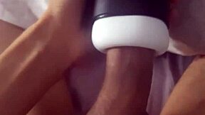 She pumps her toy until monster cock explodes cum inside