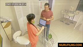 hidden oiled nuru massage turns busty asian milf handjob into full pussy sex