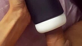 She pumps her toy until monster cock explodes cum inside