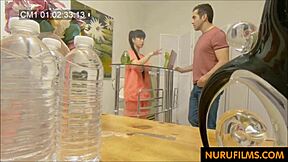 hidden oiled nuru massage turns busty asian milf handjob into full pussy sex