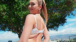 Blonde bends over for hardcore anal creampie stretching her small tits ass in New Zealand ride