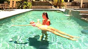 How do Celeste Star and Brett Rossi get wet at the pool before pussy licking?