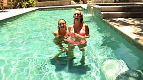 How do Celeste Star and Brett Rossi get wet at the pool before pussy licking?