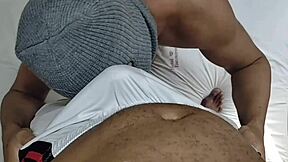 married black bodybuilder bends over hiding ring for peaceful interracial doggystyle pounding.