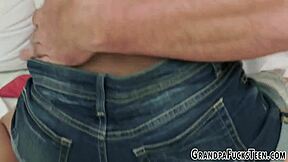 Petite Teen Bent Over Jeans for Grandpa's Explosive Doggystyle Cumshot