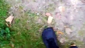 german nylon fetish babe balances outdoors in sheer pantyhose tease