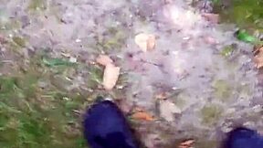 german nylon fetish babe balances outdoors in sheer pantyhose tease