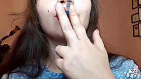 curvy brunette with big natural tits smokes cigarette in close-up pov fetish