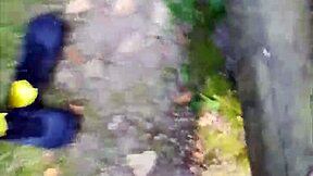 german nylon fetish babe balances outdoors in sheer pantyhose tease