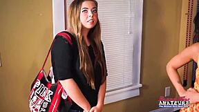 Blonde Coed Madelyn Teases Brunette Sofia's Wet Pussy with Hungry Licks and Tit Sucking