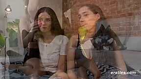 sexy lesbians fingering and kissing with inflatable dildo in european play