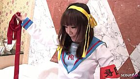 Tricked Small Japanese Cosplay Virgin Stepsister Into Her First Rough Defloration Creampie Ride