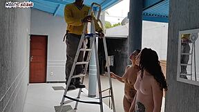 naked bosses welcome visitor for bisexual creampie group in garage