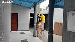 naked bosses welcome visitor for bisexual creampie group in garage