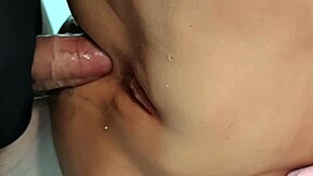 keep pounding her tight shaved ass with double toys close up