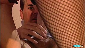 blonde latex mistress in stockings rides cock bent over staircase after pussy lick