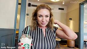 stepmom sucks cock deep then bends for doggy in coffee shop bathroom pov