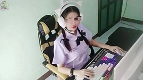 thai schoolgirl gets fucked hard by senior bro in front of computer loud thai moans 4k