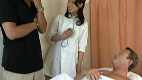 mature japanese nurse fujiko sakura helps tourist patient then joins hardcore threesome group fuck