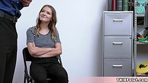 Skinny teen shoplifter caught by mall cop now bent over for rough pussy destroying doggystyle