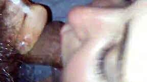 Wife kneels for fat cock blowjob then gulps every drop