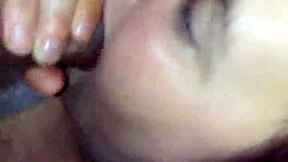 Wife kneels for fat cock blowjob then gulps every drop