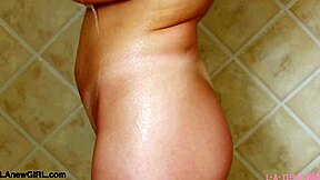 What happens when teen blonde model strips in shower for daddy?