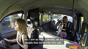 two sluts stack pussies in fake taxi for double creampie