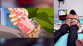 reacting to hot hentai blowjobs with cum throat and big tits while brother shows my fat ass