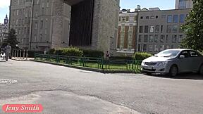 Jeny Smith flashes legs under skirt publicly