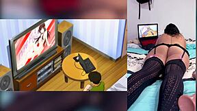 reacting to hot hentai blowjobs with cum throat and big tits while brother shows my fat ass