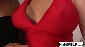 check out these busty brunette milfs fucking hard on the sofa