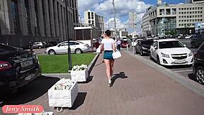 Jeny Smith flashes legs under skirt publicly