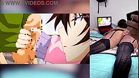 reacting to hot hentai blowjobs with cum throat and big tits while brother shows my fat ass