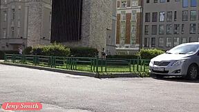 Jeny Smith flashes legs under skirt publicly