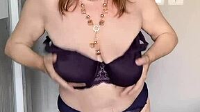 Busty Mature Milf in Stockings Exposes Shaved Pussy Closeup and Fingers Herself