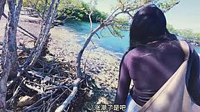 my asian girlfriend with big natural tits squirts during outdoor hiking sex