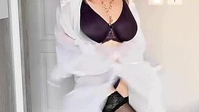 Busty Mature Milf in Stockings Exposes Shaved Pussy Closeup and Fingers Herself