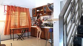 naked pantyhose housewife maid orgasms cooking kitchen voyeur roommate watch