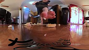 Tiny dude devoured by giantess Jane Judge's massive feet in kitchen