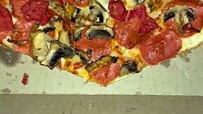 Pizza slut masturbates and cums on food in kinky arab teen fetish with juicy pussy craving bbc in la