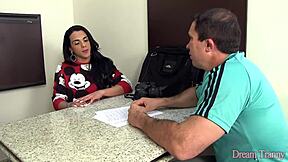 hot tranny melyna merli gorges on two throbbing cocks