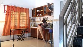 naked pantyhose housewife maid orgasms cooking kitchen voyeur roommate watch