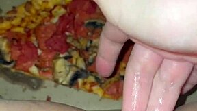 Pizza slut masturbates and cums on food in kinky arab teen fetish with juicy pussy craving bbc in la