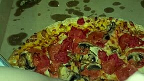 Pizza slut masturbates and cums on food in kinky arab teen fetish with juicy pussy craving bbc in la
