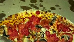 Pizza slut masturbates and cums on food in kinky arab teen fetish with juicy pussy craving bbc in la